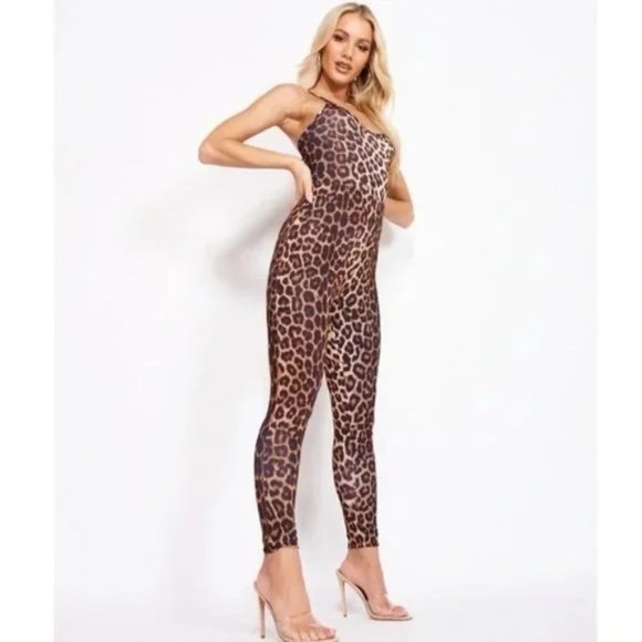 Leopard Print Animal Print Sleeveless V-Neck Bodycon Jumpsuit Playsuit - Picture 7 of 16